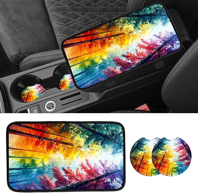 JANENFNA Car Armrest Cover Pads Universal Fashion Cute Auto Center Console Armrest Cover Pad with 2PCS Car Coasters Soft Waterproof Car Armrest Seat Protector for Women,Colorful Forest-A