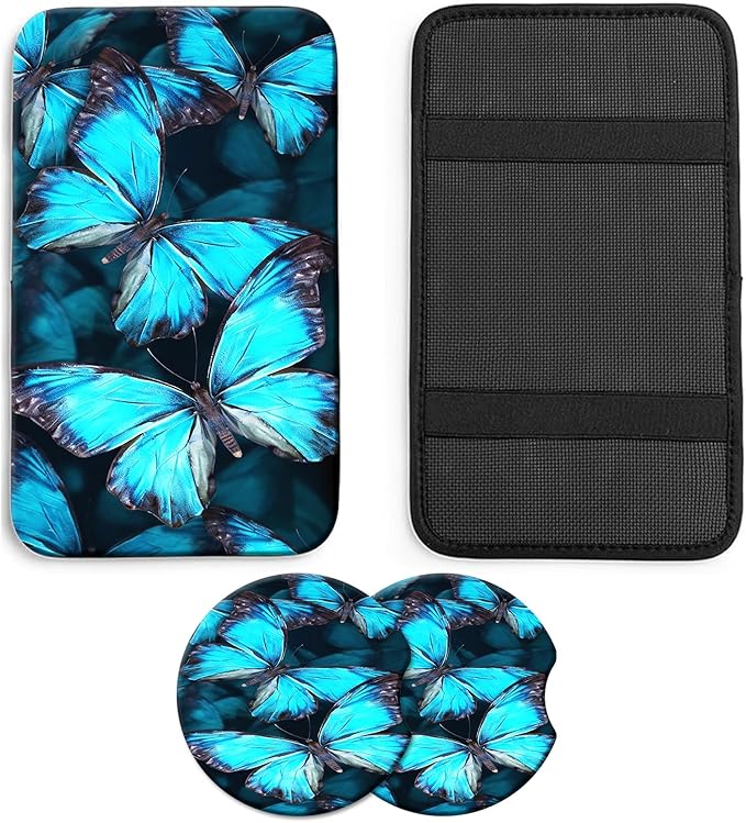 JANENFNA Car Armrest Cover Pads Universal Fashion Cute Auto Center Console Armrest Cover Pad with 2PCS Car Coasters Soft Waterproof Car Armrest Seat Protector for Women,Blue Butterflies