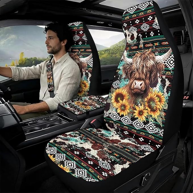 Qeluxign Car Seat Covers 2 Front Seats Universal Center Console Protector Auto Seat Belt Cover Against Stains, Spills, Dust Car Interior Accessories 5 Piece Set,Highland Cow Sunflower Tribal