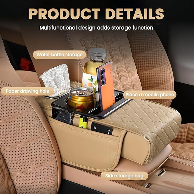 LEIWOOR Car Center Console Armrest Pillow, Booster Cushion with Cup Holder & Phone Holder Universal for Most Car Interior Accessories(Beige, Large)