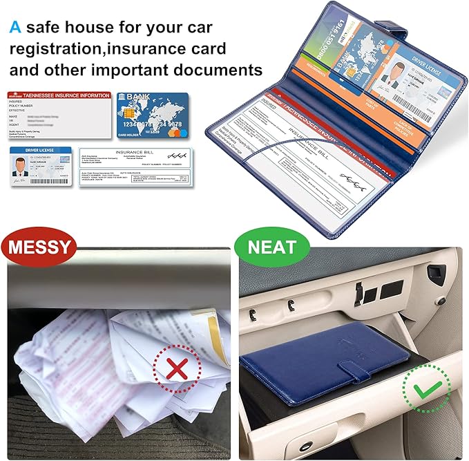 DMLuna Car Registration and Insurance Holder, Leather Vehicle Card Document Glove Box Organizer, Auto Truck Compartment Accessories for Essential Information, Driver License Cards, Dark Blue