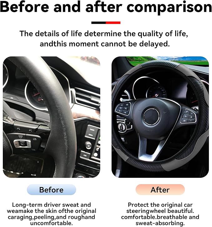 Car Steering Wheel Cover, 15 inch Carbon Fiber Microfiber PU Leather Elastic Steering Wheel Protector for Men Women, Anti-Slip Breathable Car Interior Accessories for Most Cars (Gray)