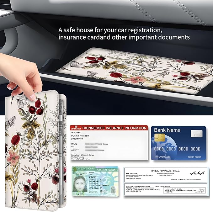BAUCIWLD Premium Car Registration and Insurance Card Holder, Cute PU Leather Car Document Holder, Vehicle Glove Box Car Organizer with Magnetic Closure for Driver License, Cards Vintage Red Florals