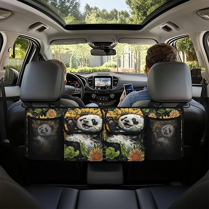 Car Trunk Organizer SUV with 3 Non-slip Strips, Back Hanging Car Storage Organizer with 2 Large Pockets & 2 Mesh Pockets, Auto Accessories Interior,Panda Sunflower