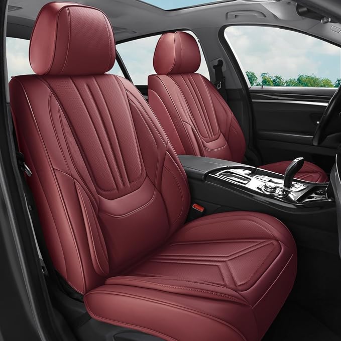 SCDOOCA Car Seat Covers Full Set Burgundy, Luxury Leather Car Seat Covers, Waterproof and Breathable Seat Covers, Universal Car Seat Protector Fit for Cars, Trucks, SUVs, Pick-ups (Wine Red, FullSet)