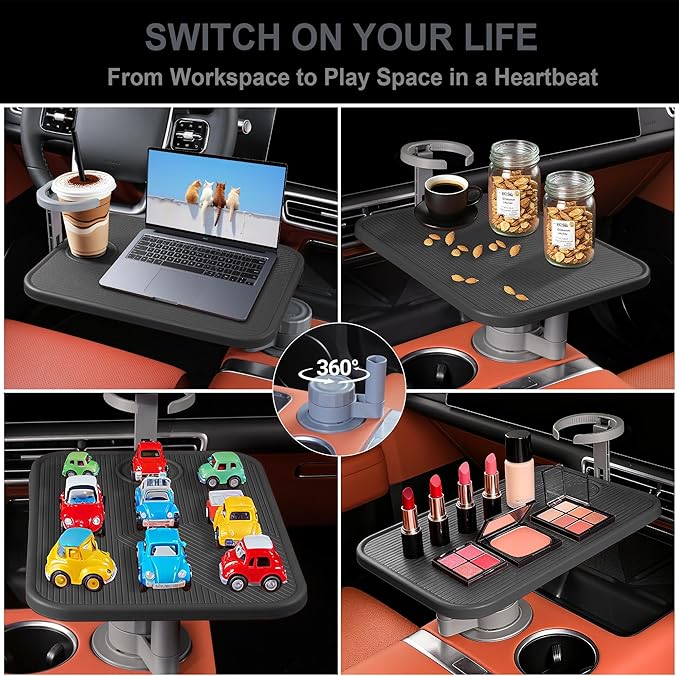Car Table Tray & Laptop Desk for Car, 360° Rotating Wood Cup Holder Table, Aluminum Cantilever Laptop Mount for Vehicle, Steering Wheel Tray (Black)