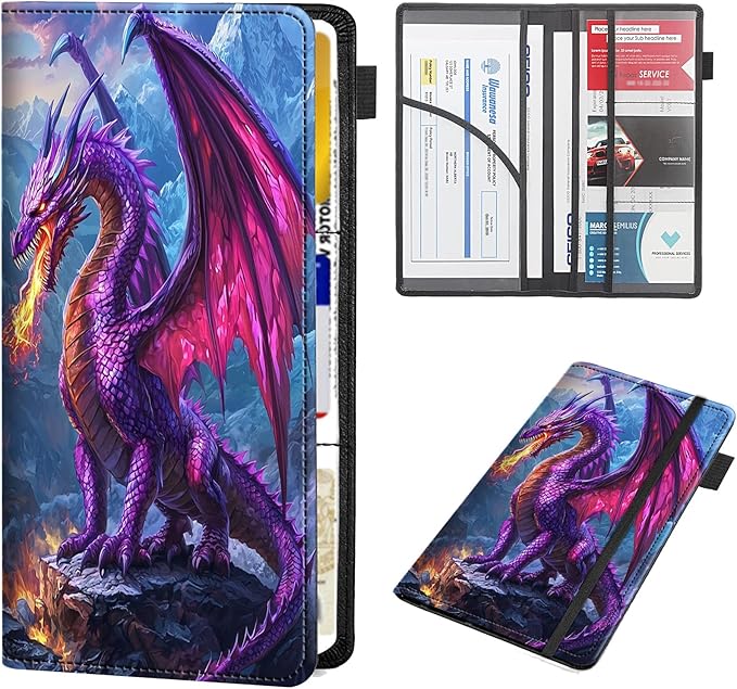 RAUEDWDJS Car Registration and Insurance Holder,Leather Vehicle Glove Box Organizer Wallet Case for Driver's License,ID Key Information Cards-Fire-breathing Dragon