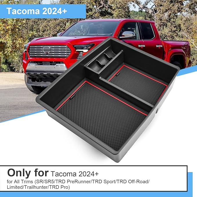 Coleya 2024 2025 2026 Tacoma Center Console Organizer for Toyota Tacoma (All Trims), Durable ABS Plastic&Anti-slip Rubber Console Tray Glove Insert 2026 2025 Tacoma Accessories (with Red Mats)