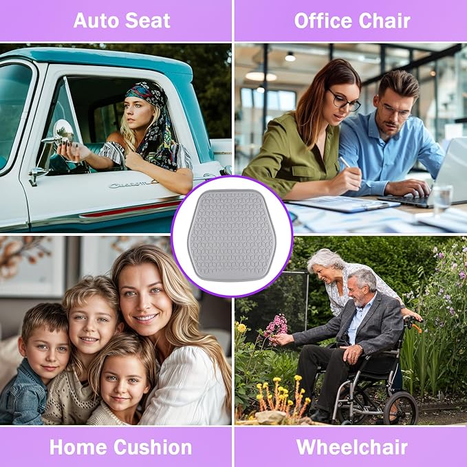 Thin Gel Seat Cushion for Car Seat, Office Chair, Wheelchair, Golf Cart - Non-Slip Car Seat Cushions with 0.7 Inch Gel - Sciatica & Coccyx Pain Relief (Fabric, Grey)
