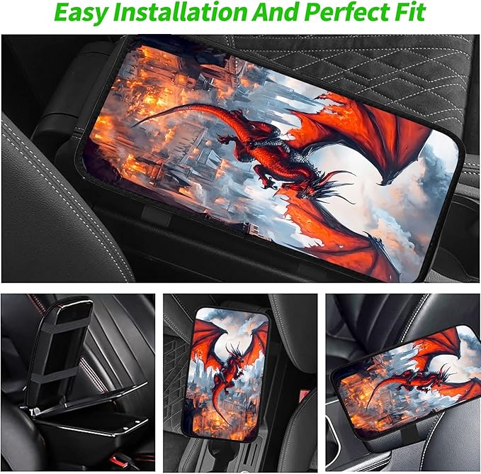 JANENFNA Car Armrest Cover Pads Universal Fashion Cute Auto Center Console Armrest Cover Pad with 2PCS Car Coasters Soft Waterproof Car Armrest Seat Protector for Women,Fire-Breaking Evil Dragon