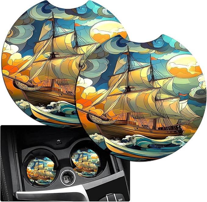 JANENFNA Car Armrest Cover Pads Universal Fashion Cute Auto Center Console Armrest Cover Pad with 2PCS Car Coasters Soft Waterproof Car Armrest Seat Protector for Women,Ocean Sailboat