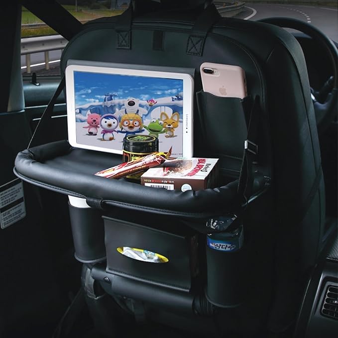 PINUK Car Backseat Organizer with Built-in Foldable Tray | Double Layered Leather, Waterproof Car Seat Organizer with - Pockets | Easy Installation, Perfect for Family Trips and Daily Use