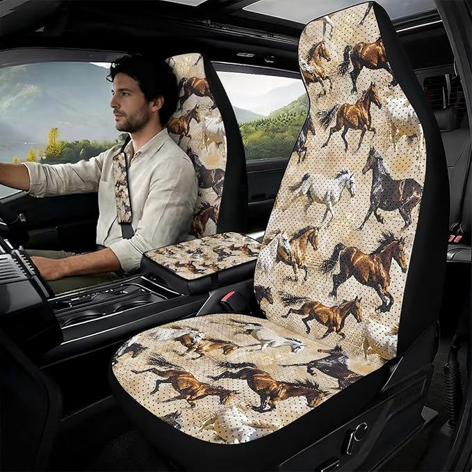 Psesaysky 5 Piece Car Seat Covers Full Set for Women Men, Retro Horse Racing Soft Comfort 2 Front Seats Protector 2 Seat Belt Cover and 1 Car Center Console Cover