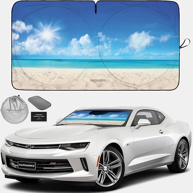 1-Piece Windshield Sun Shade - Foldable Car Front Window Sunshade for Cars SUV Truck Heat Blocker Visor Protector Blocks Max UV Rays and Keeps Your Vehicle Cool (SMALL = 59 x 28.5 inches, Sunny Beach)