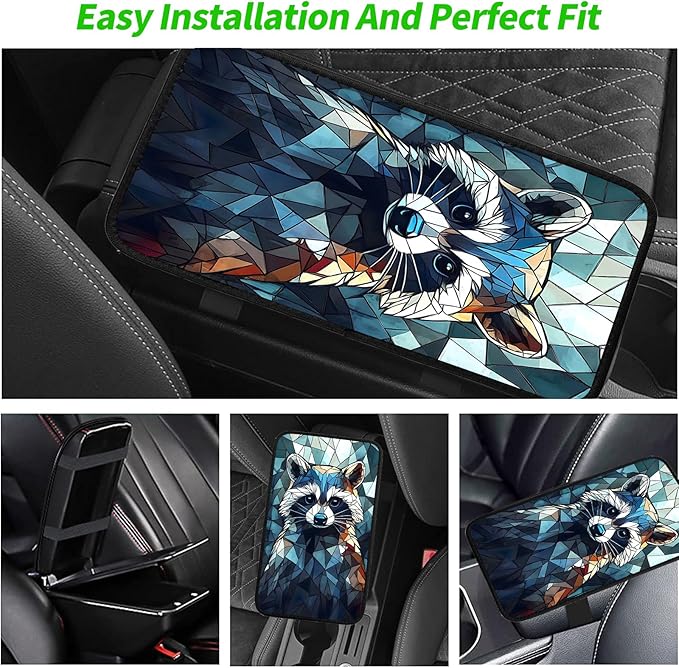 JANENFNA Car Armrest Cover Pads Universal Fashion Cute Auto Center Console Armrest Cover Pad with 2PCS Car Coasters Soft Waterproof Car Armrest Seat Protector for Women,Colored Glass Raccoon