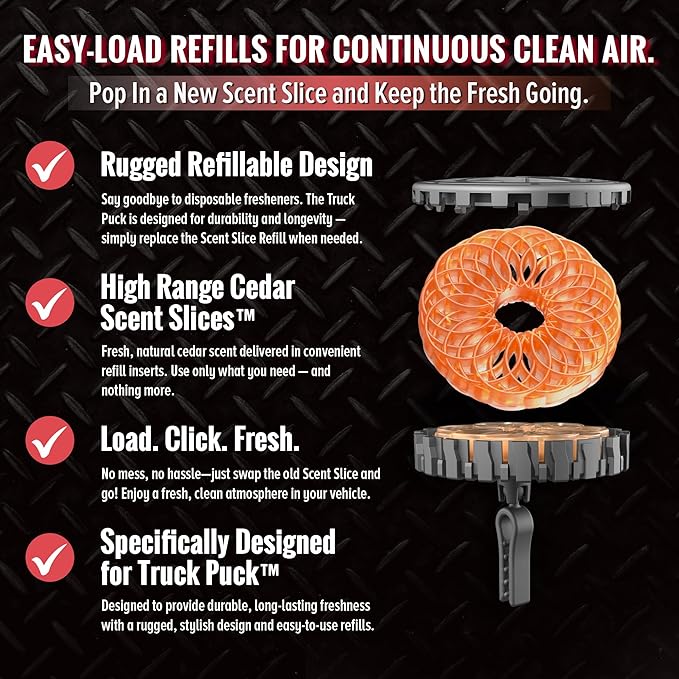 Drive Time Truck Puck Refill - High Range Cedar Fragrance Premium Long-Lasting Car Air Freshener, Odor Eliminator/Deodorizer