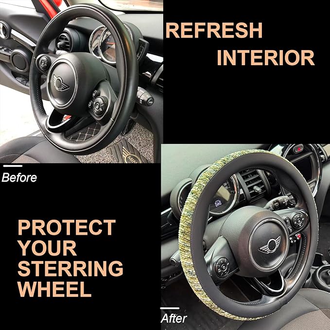 PINCTROT Large Size Chenille Leather Steering Wheel Cover, Soft Mottled Colors, Sweat-Proof, Non-Slip Grip, All-Season Comfort, 15.5-15.75 Inch(Mottled Green)