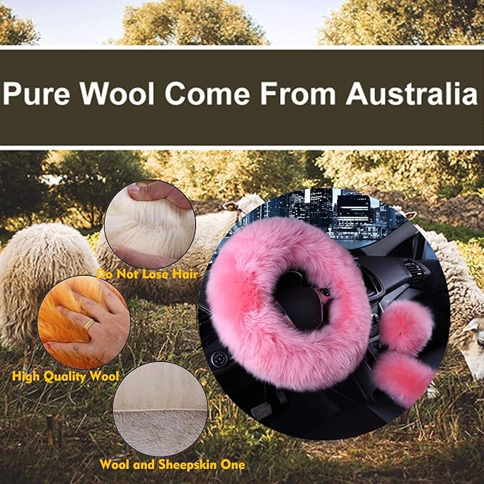 3 Pcs Car Steering Wheel Cover & Handbrake Cover & Gear Shift Cover Set Faux Wool Warm Winter (Pink)