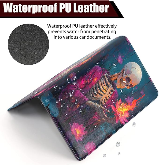 Car Document Holder with Magnetic Shut, Car Registration and Insurance Card Holder, Vehicle Glove Box Organizer Documents, Driver License, Auto Paperwork Organizer Wallet, Skeleton Holding Lotus