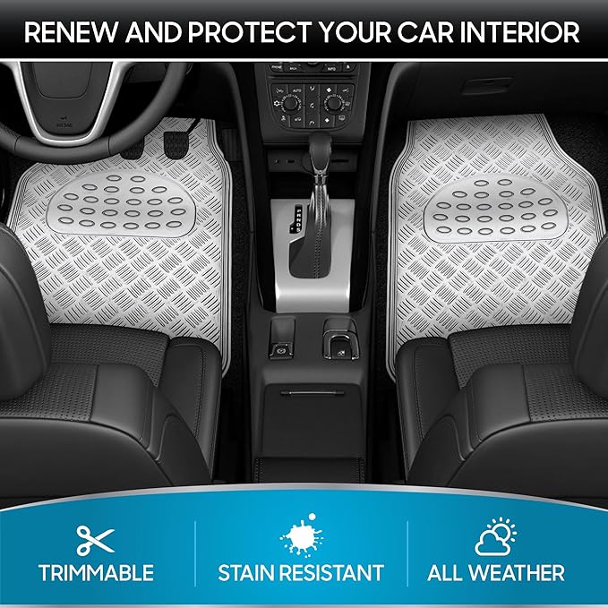 BDK Metallic Chrome Car Floor Mats All Weather Versatile Fit Automotive Floor Mats for Cars SUVs, Floor Mat for Trucks, Car Mats Full Set Front & Rear, Non-Slip Shiny Durable Heavy Duty - Silver