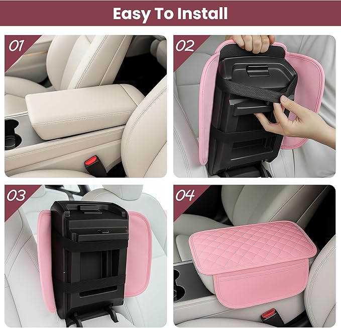 DSCARCovers Upgraded Car Center Console Cover Pink,Microfiber Leather Car Armrest Cover Cushion with 2 Storage Bags,Universal Car Armrest Storage Box Car Interior Accessories for Most Vehicles (Pink)
