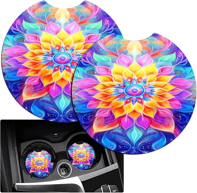 JANENFNA Car Armrest Cover Pads Universal Fashion Cute Auto Center Console Armrest Cover Pad with 2PCS Car Coasters Soft Waterproof Car Armrest Seat Protector for Women,Colorful Flower