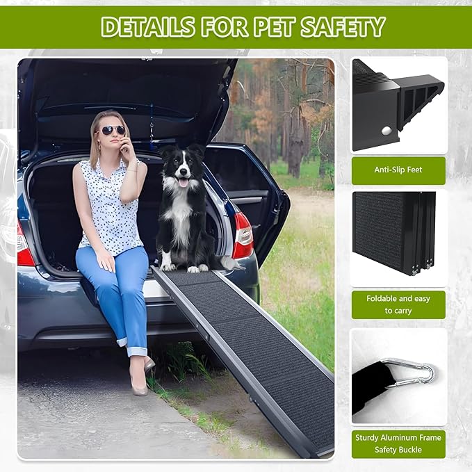 RUBLELITIE Dog Ramp for Cars SUV Truck-17.3x71in Heavy Duty Foldable Wide Outdoor Pet Stairs with Non-Slip Surface Portable Folding Design for Large Dogs Up to 250lbs (63" L x 17.3" W)