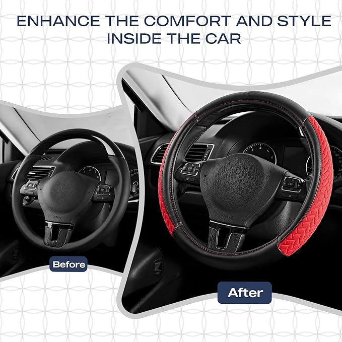 Skechers Steering Wheel Cover,Max Cushioning Leather Steering Wheel Cover Universal Fit 14" 1/2-15" Car Wheel Protector for Men Women Fit Suvs,Vans,Sedans,Car,Trucks,Red