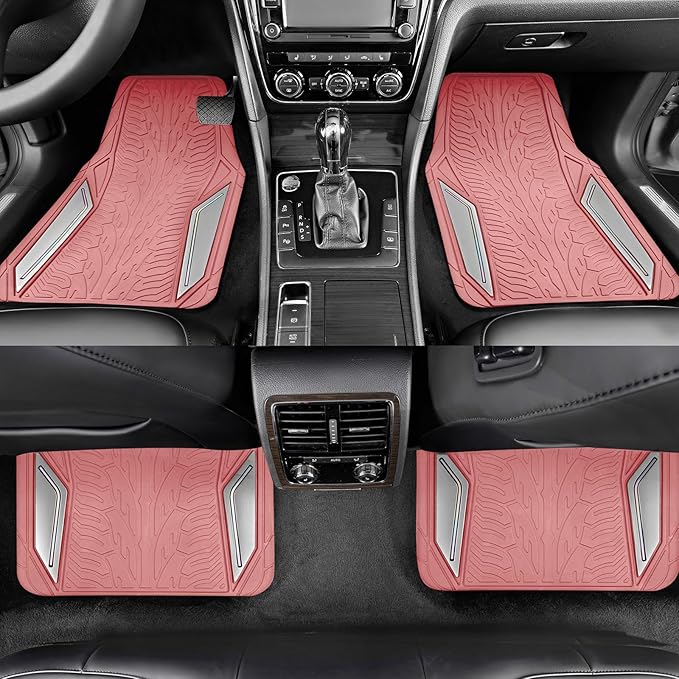 PIC AUTO Pink Rubber Floor Mats, Silver Aluminum Film with Colorful Piping Floor Mats for Cars, Car Mats with Non-Slip Backing, All-Weather, Trim-to-Fit Liner for Cars, SUVs, Trucks, Vehicles