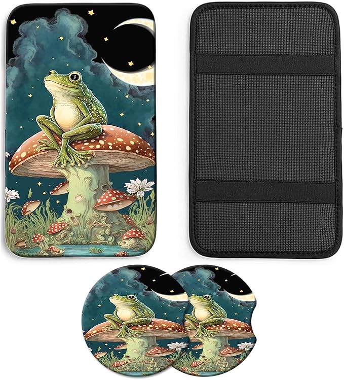 JANENFNA Car Armrest Cover Pads Universal Fashion Cute Auto Center Console Armrest Cover Pad with 2PCS Car Coasters Soft Waterproof Car Armrest Seat Protector for Women,Frog Sitting Mushroom