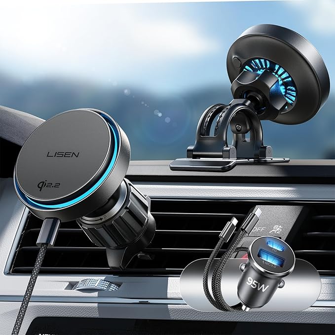 LISEN for Qi2.2 25W MagSafe Car Mount Charger，[Top Spec with Cooling Fan＆95W Fast Adapter] 25W iPhone 17 Pro Max Car Charger Fast Charging for iPhone 17 Pro Max Plus Air 16-12 Series,Pixel 10 Pro XL