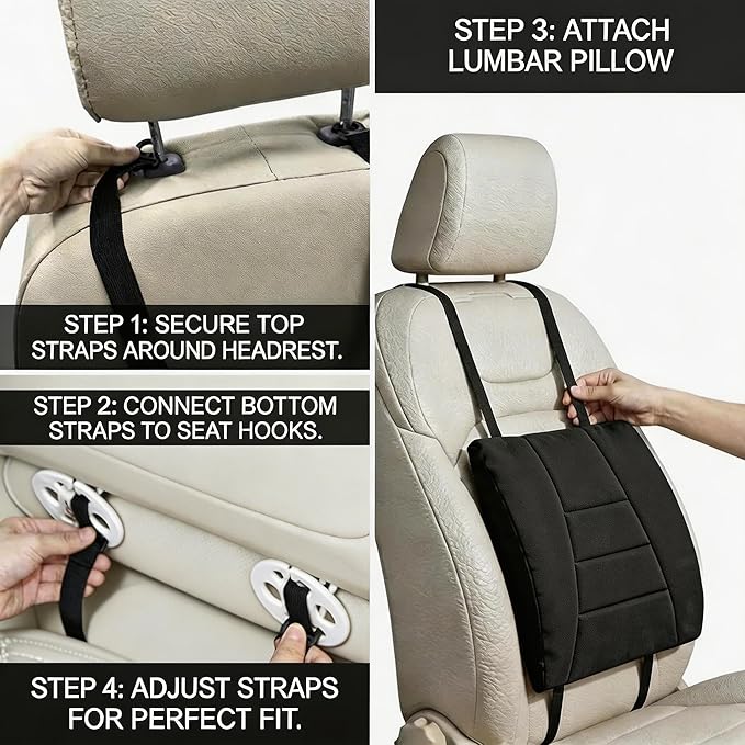 Big Hippo Ergonomic Memory Foam Lumbar Support Pillow for Car and Office Chair – Thick Lower Back Support Cushion for Driving, Gaming, and Long Sitting – Adjustable Strap, Relieves Lower Back Pain