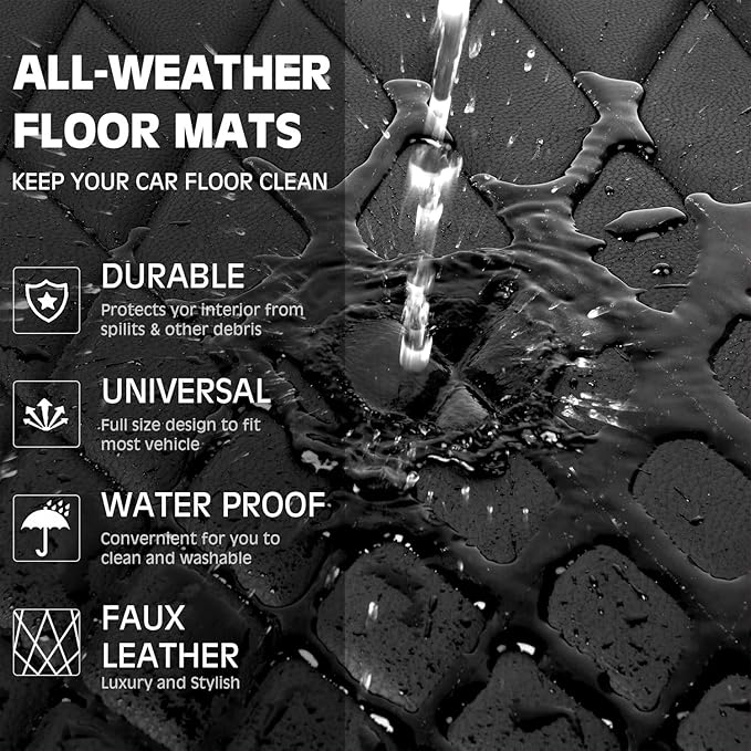 CAR PASS Faux Leather Floor Mats for Cars, Luxury Waterproof All Weather Car Mats Full Set, Anti-Slip Deluxe Automotive Mats Universal Fit for Most SUV,Vans,Sedans,Trucks, 4 Piece All Black