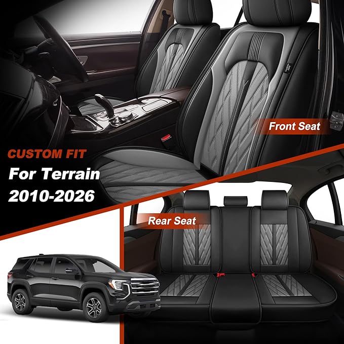 TTX LIGHTING Seat Covers Fit for GMC Terrain 2010-2026 Seat Covers Full Set Car Seat Covers Faux Leather Breathable Waterproof Car Seat Protector (5 Seats, Black&Grey)