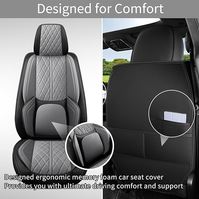 Universal seat Covers Fit for Cars, SUV, Sedans, with Durable and Breathable Leather (Black & Grey, Full Set)