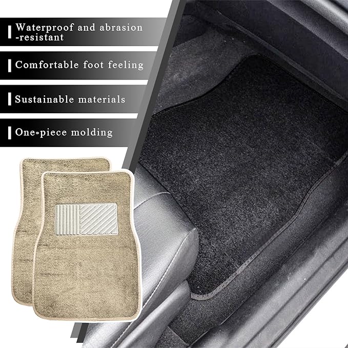 4PCS Car Floor Mats, Anti-Slip Waterproof Car Carpets with Safety Heel Pad, Heavy Duty Floor Mat for All Weather Protection, Universal Trim to Fit for Sedans Trucks SUVs (Beige)
