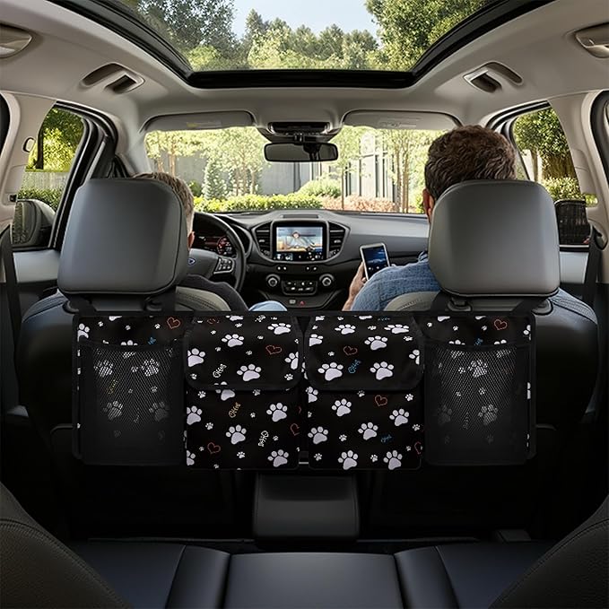 CLOHOMIN Dog Paw Car Trunk Organizer Cute Backseat Car Organizer with Net Collapsible Cargo Bag with 4 Pockets Hanging Car Storage Accessories Gifts for Women Men