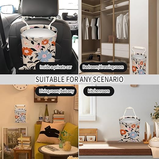 AUEKLLW Car Trash Can, Hanging Garbage Bin for Men and Women, Cute Car Organizer and Storage Bag, Canvas Vehicle Trash Can Bag Easy-to-Install Boho Red and Blue Floral
