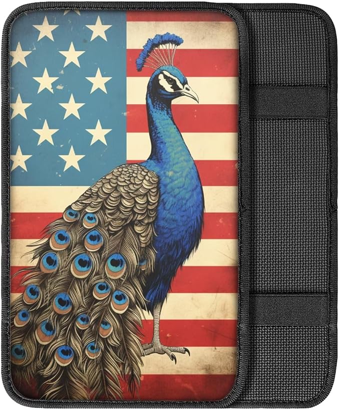 Car Center Console Pad, Universal Waterproof Car Armrest Seat Box Cover, Car Interior Accessories for Most Vehicle SUV Truck Vintage American Flag Peacock Car Armrest Pad