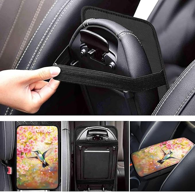 Hummingbird Cherry Blossom Car Center Console Cover,Auto Armrest Storage Box Mat Universal for Most Vehicle,SUV,Truck,Cars