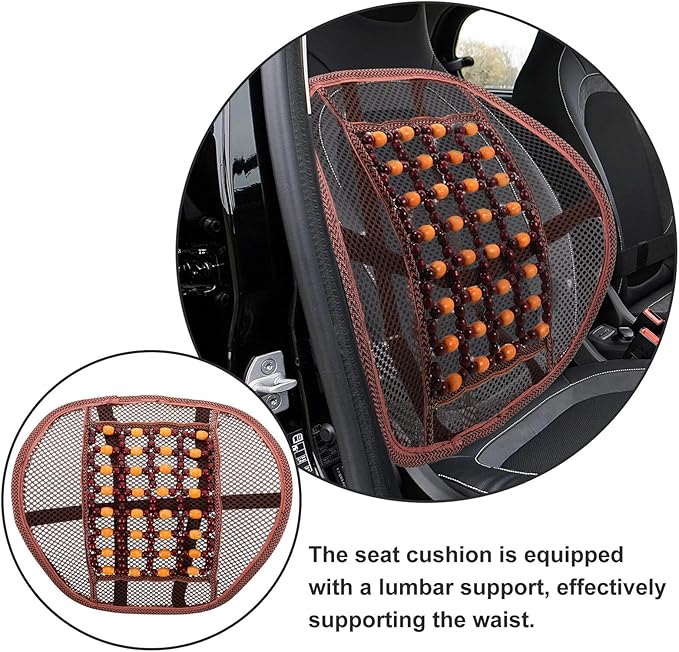 Car Seat Cushion Lumbar Support Pillow with Wood Beads and Ventilated Backrest, Breathable Car Waist Cushion for Driving, Office Chair, and Long Sitting