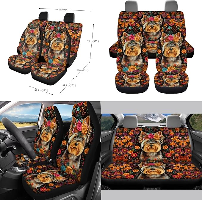 Yorkshire Terrier Print Car Interior Accessories Sets, Flower Print Front Seat Covers and Rear Split Bench Seat Cover, Steering Wheel Protector, Universal Fits for Most Cars SUV Truck Sedan