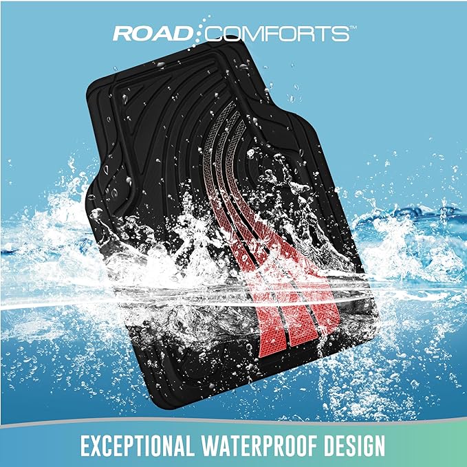 Road Comforts Car Floor Mats Full Set – Front & Rear Car Floor Mats with Aluminum Design, Anti-Slip Backing, All-Weather Protection, Trim-to-Fit Car Mats for Most Sedans, SUVs & Vans - Red