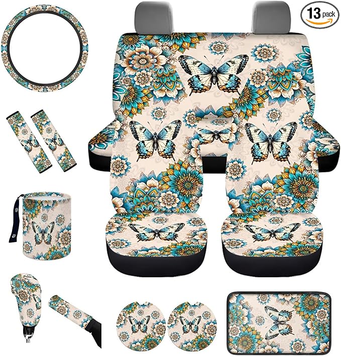 Dngkaoje Boho Butterfly Car Seat Covers Full Set for Front and Rear 13 Pack Vintageul Butterfly Auto Interior Accessories Set Womens Center Console Cover,Hanging Trash Bag,Seatbelt Shoulder Pads