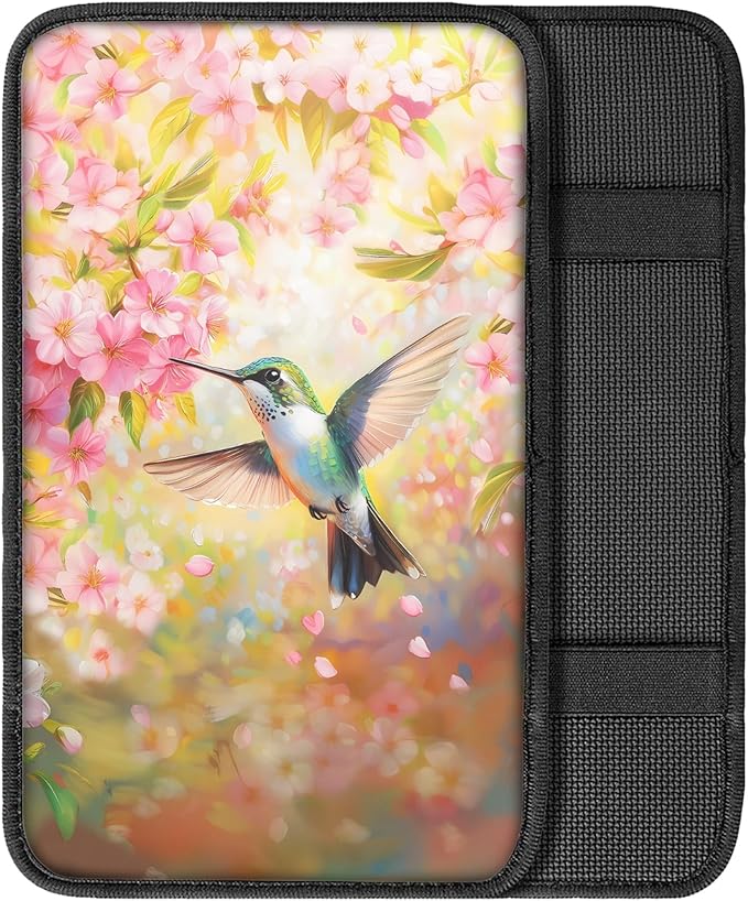 Hummingbird Cherry Blossom Car Center Console Cover,Auto Armrest Storage Box Mat Universal for Most Vehicle,SUV,Truck,Cars