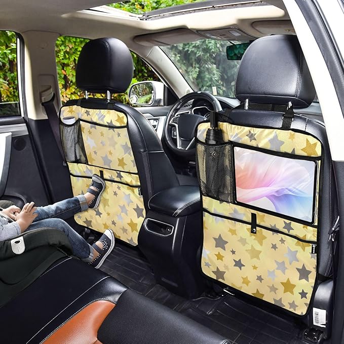 1 Pack Back Seat Car Organizer with Storage Pockets Kick Mats Back Seat Protector Hanging Car Organizer Automotive Seat Back Cover Organizers Cute Silver and Golden Stars