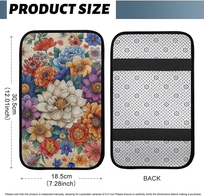 Bulopur Hippie Flower Armrest Cover Car Center Console Cover Easy to Install Car Armrest Cushion Flannel Protector Protect from Pet Claws Thickened Fit for Most Cars, Vehicles, SUVs