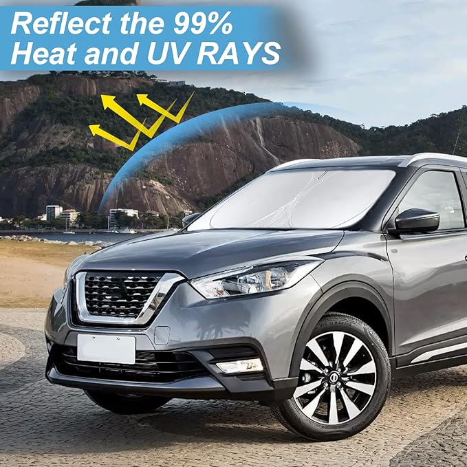 Custom Fit Nissan Kicks Windshield Sunshade 2018 2019 2020 2021 2022 2023 2024 2025 for Kicks, S, SV, SR Crossover Accessories Front Window Shades Car Shield Cover 240T Sun Visor Blocks UV Rays