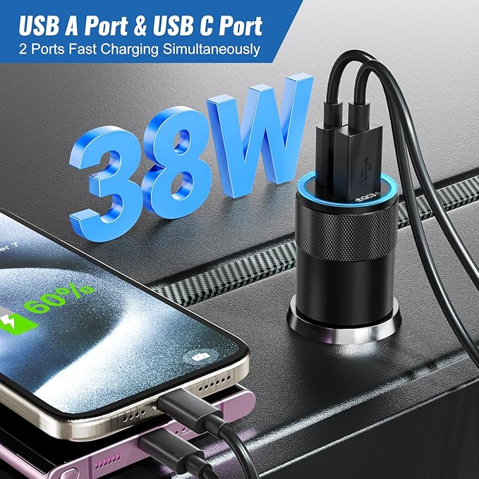 USB C Car Charger Fast Charging 4Pack, Cigarette Lighter Adapter 38W, Boxeroo Multi Port PD/QC 3.0 Cargador para Carro, Dual USBC & USB-A Car Outlet for iPhone 16/15/14/13/Pro Max, Samsung