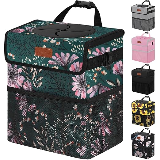 Vankor 3 Gallons Car Trash Can with Lid, Car Trash Bag Bin Hanging Waterproof Automotive Garbage Cans Leak Proof Vehicle Trash Can Navy Floral